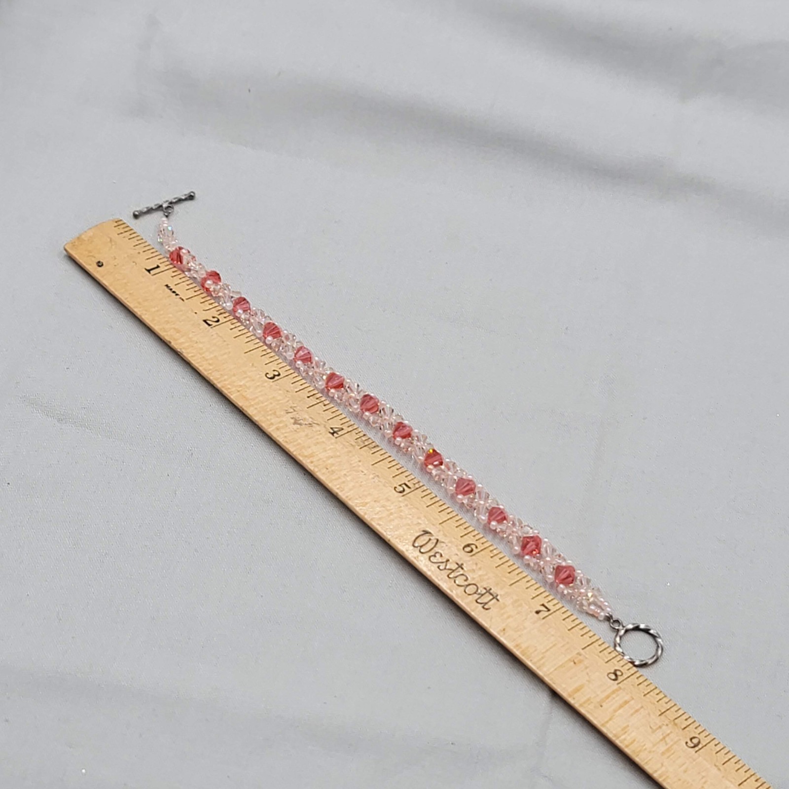 Pink Crystal Bicone Weave Bead Bracelet Toggle Closure 7.5″
