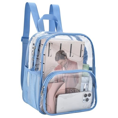 Clear Backpack for Stadium Events 12x12x6 with Front Sky Blue One Pocket