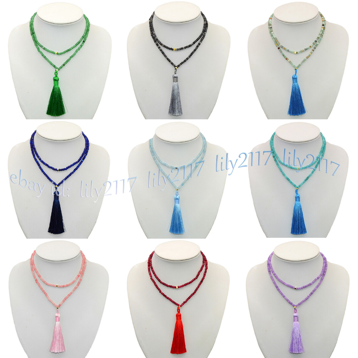 Faceted 2x4mm Multiple Gemstone Rondelle Beaded Tassel Pendant Necklaces 28-48”