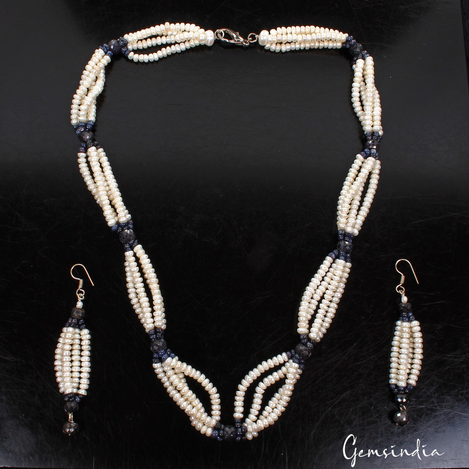 Sapphire & Pearl Necklace 26″ Earring Set, Multi-Strand Statement Beaded Jewelry