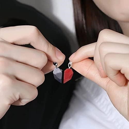 Heart Magnet Necklace Set for Couple – Black w/ Red, Great Gift, Anniversary