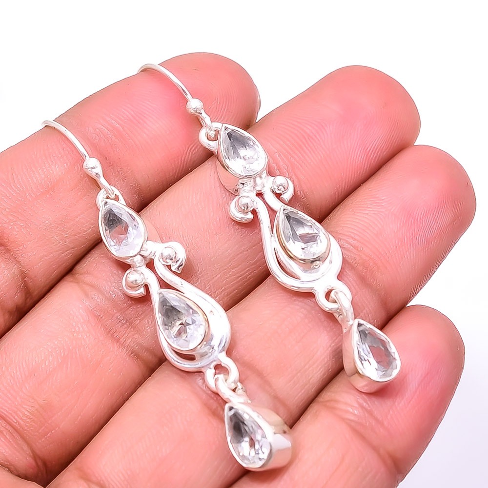 White Topaz Multi Collet 925 Sterling Silver Earring 2.11″ E29, Christmas Gift