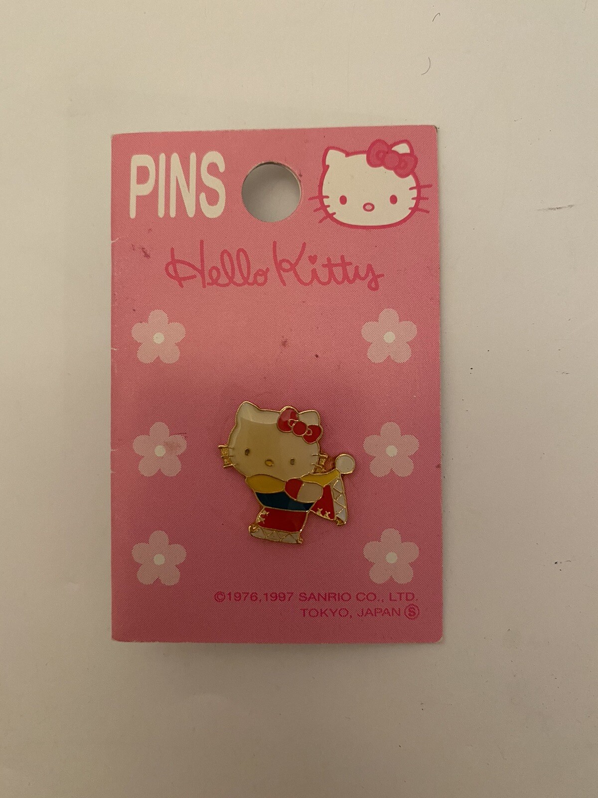 Hello Kitty Sanrio Cute Lapel Enamel Pin Brooch Push Button New 1997 Rare Vtg