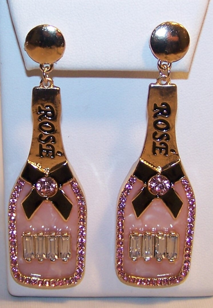 Rose Wine Bottle Earrings Rhinestones Pink Clear Stones-New