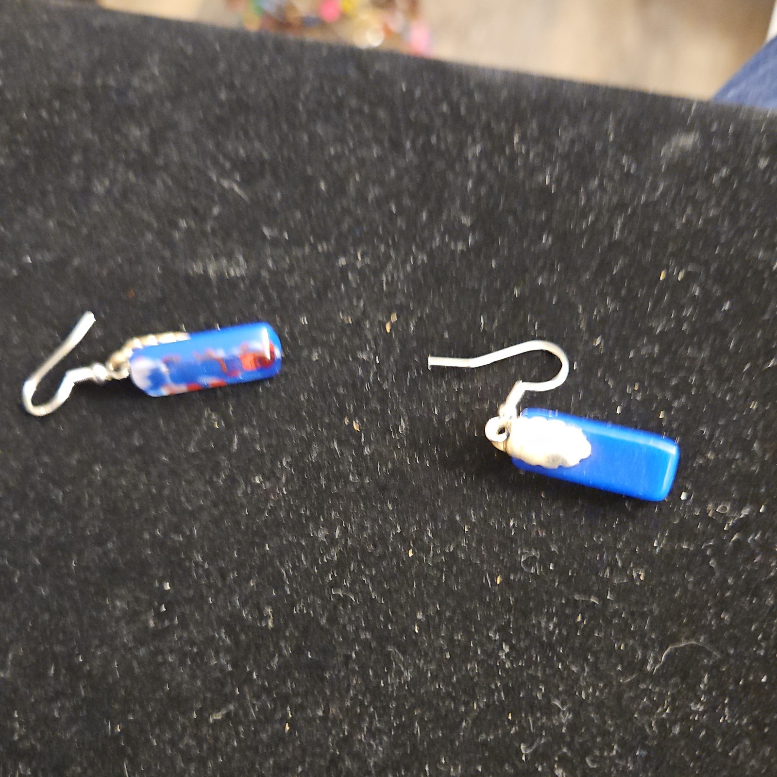 Blue Rectangle Glass & Metal Dangle/Drop Earrings Hook Closure With Stone