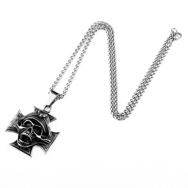 MENDEL Mens WW2 Officer Skull Iron Cross Pendant Necklace Chain Stainless Steel