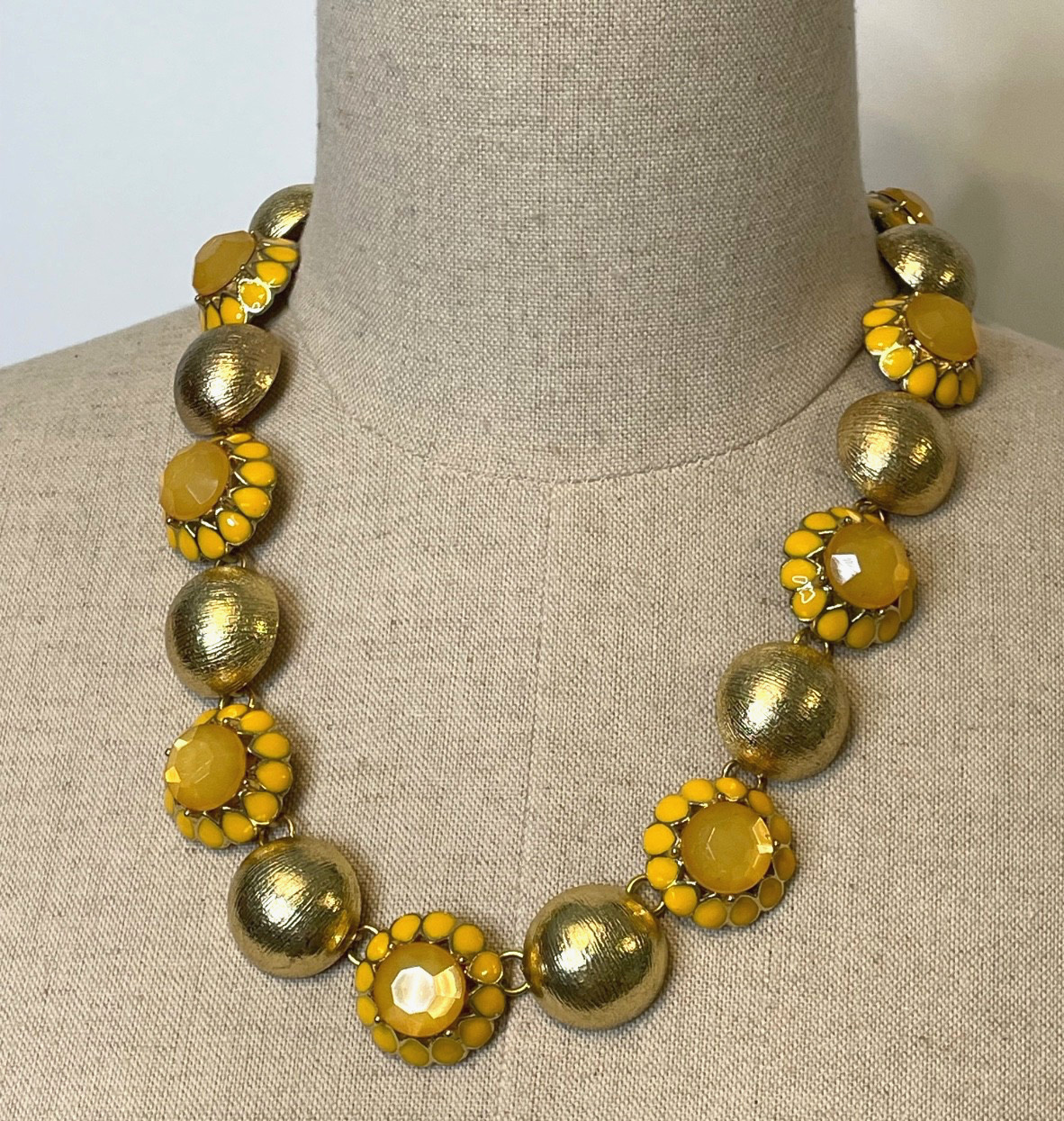 Sunflower Yellow Enamel & Bead Gold Tone Brushed Round Dome Choker Necklace