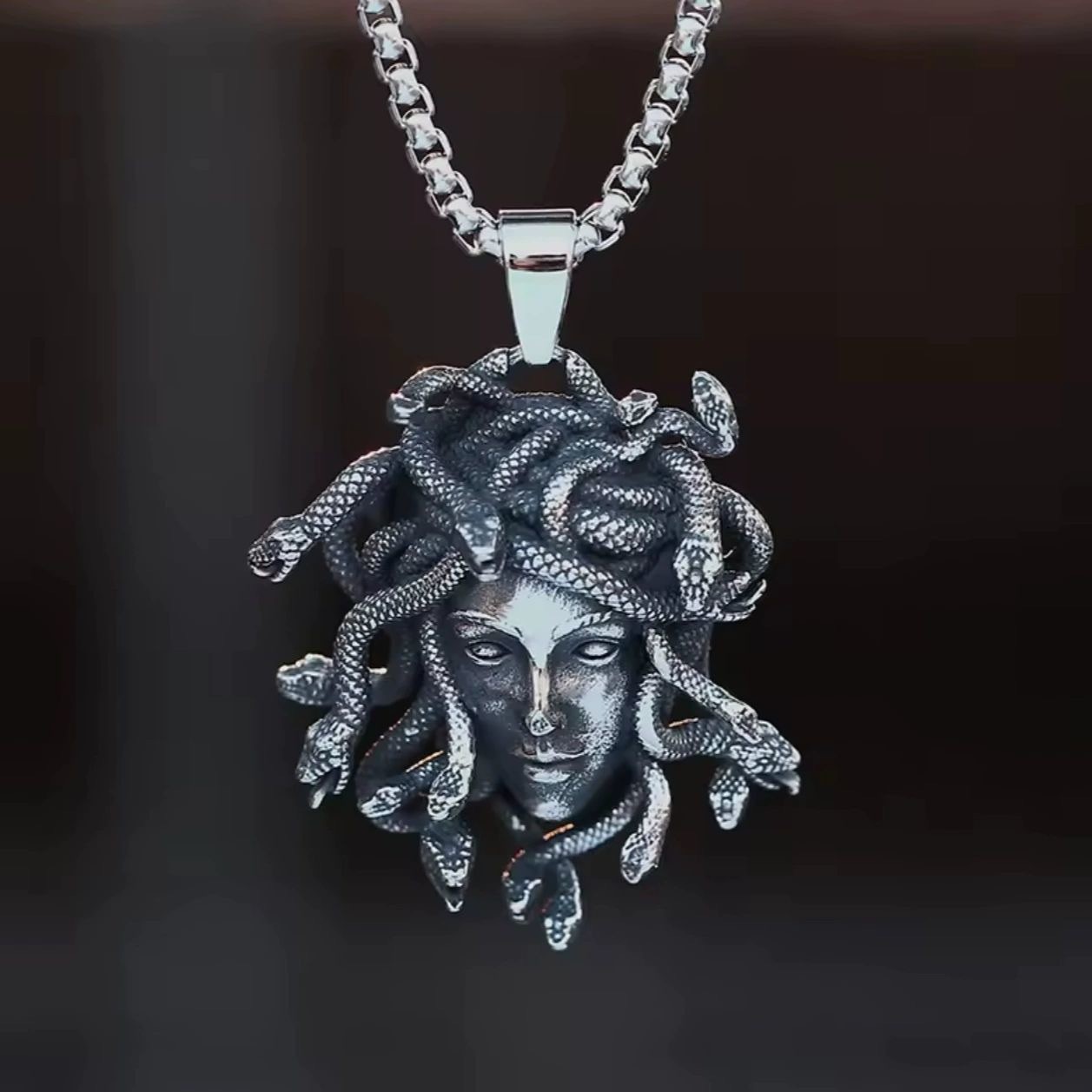 Silver Tone Pendant Necklace Medusa Head Charm Mythology Theme Statement Jewelry