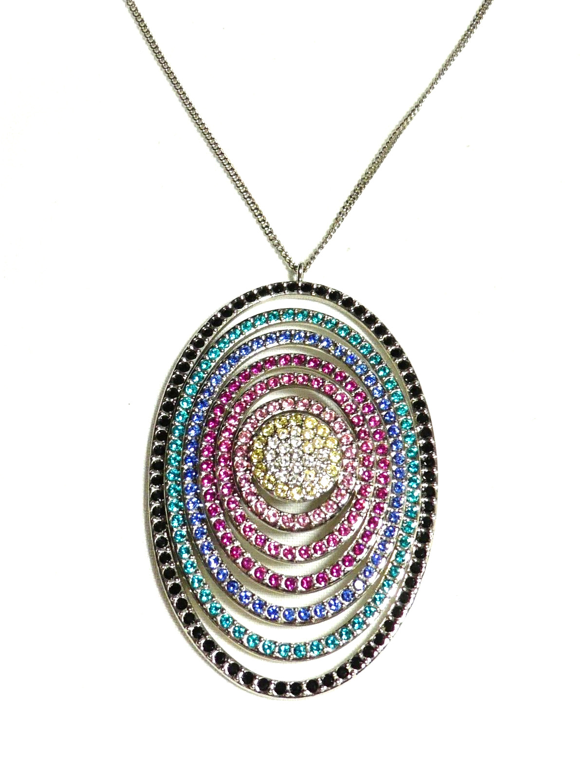 Swarovski Palladium Plated Large Oval Rainbow Crystal Studded Pendant NECKLACE
