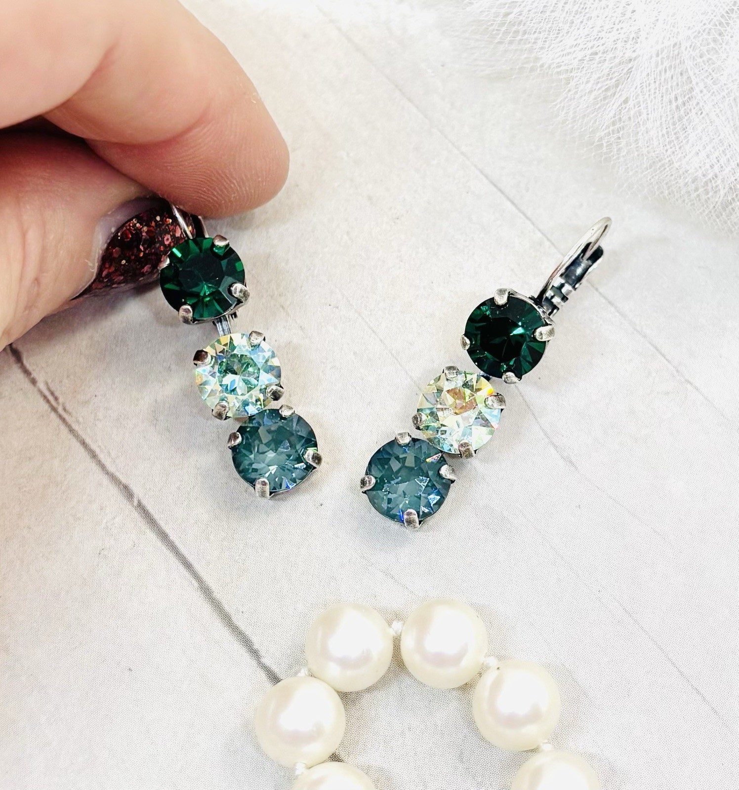 Triple Stone Pine Green Cup Chain Long Earrings