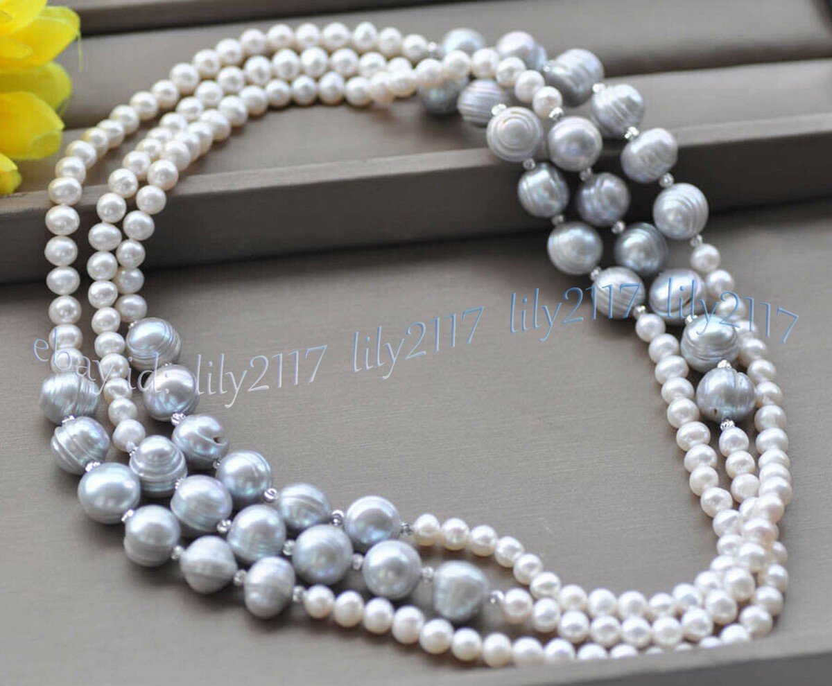 Natural 6-7mm White 11-12mm Gray Akoya Freshwater Culture Pearl Necklace 36-65”