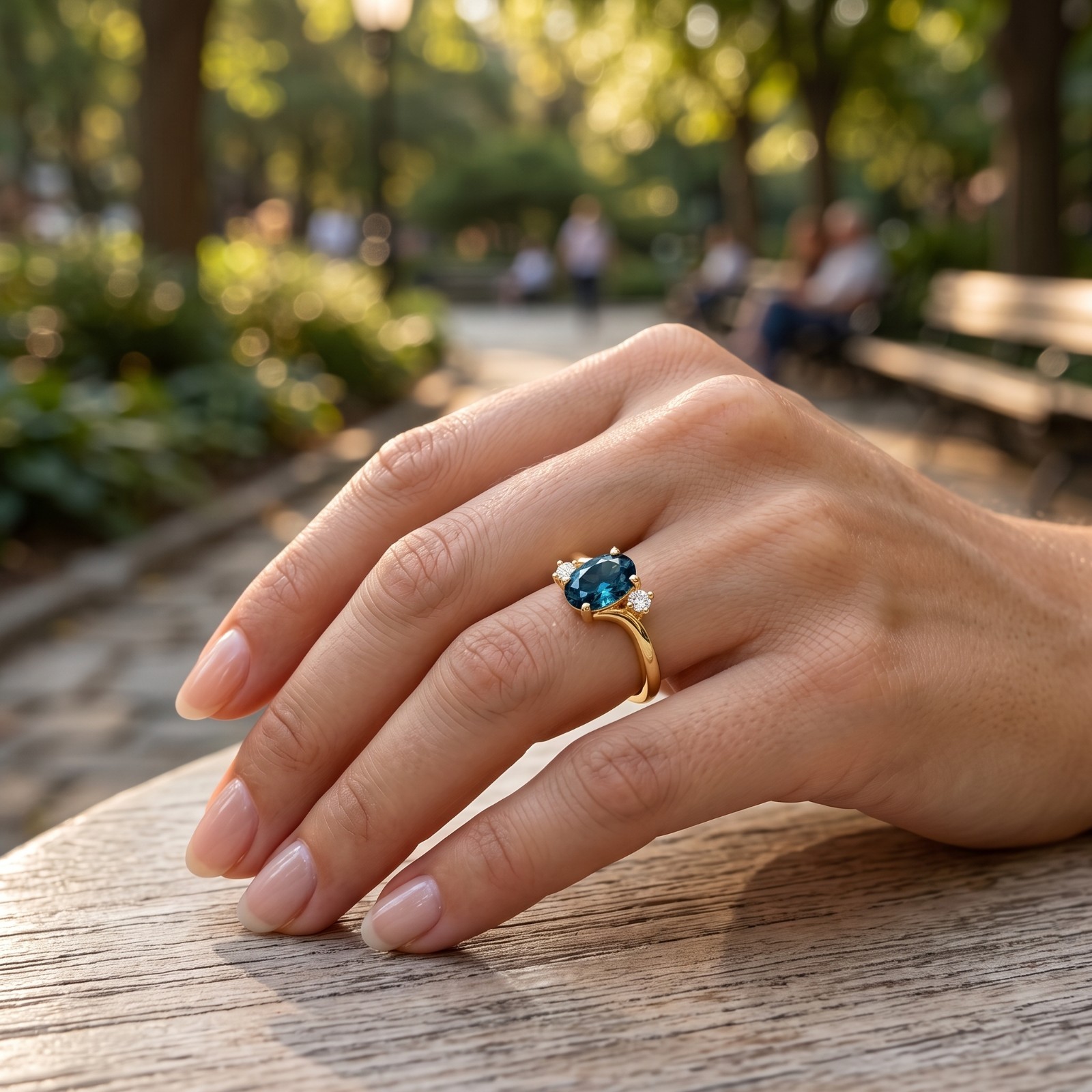 Natural London Blue Topaz Cluster Ring, 14k Yellow Gold Dainty Minimal Band Ring
