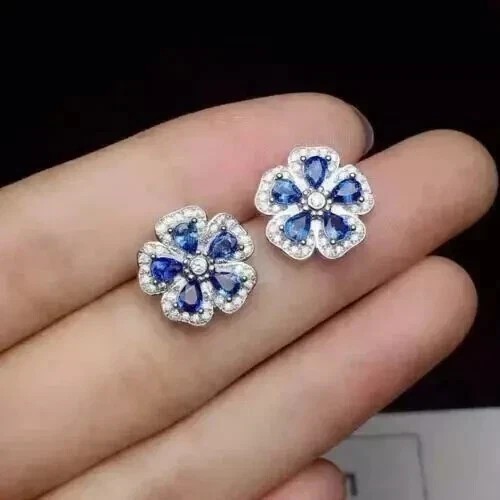 3 Ct Pear Cut Simulated Blue Sapphire Flower Stud Earring 14k White Gold Plated