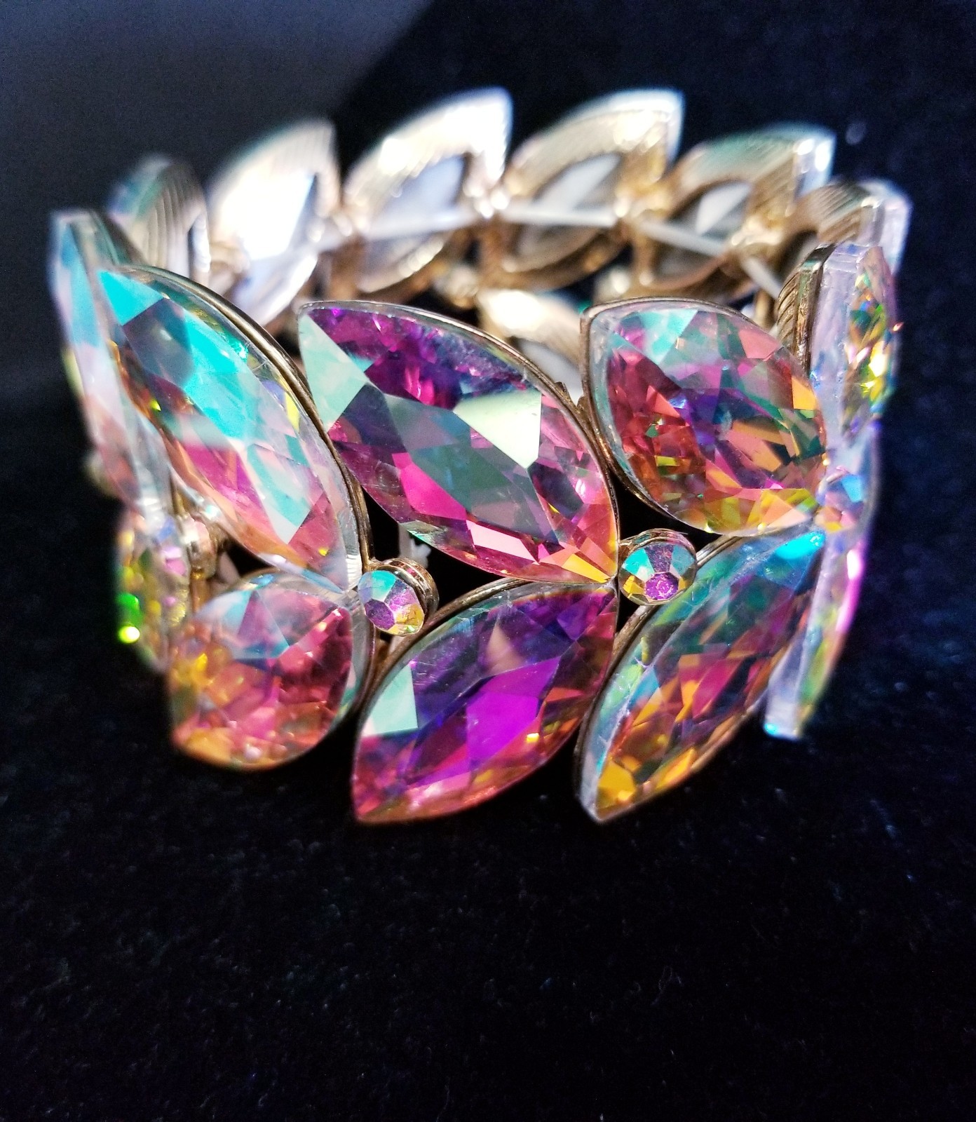 Iridescent Gold Rhinestone Stretch Bracelet Statement Drag Pageant Prom Bridal