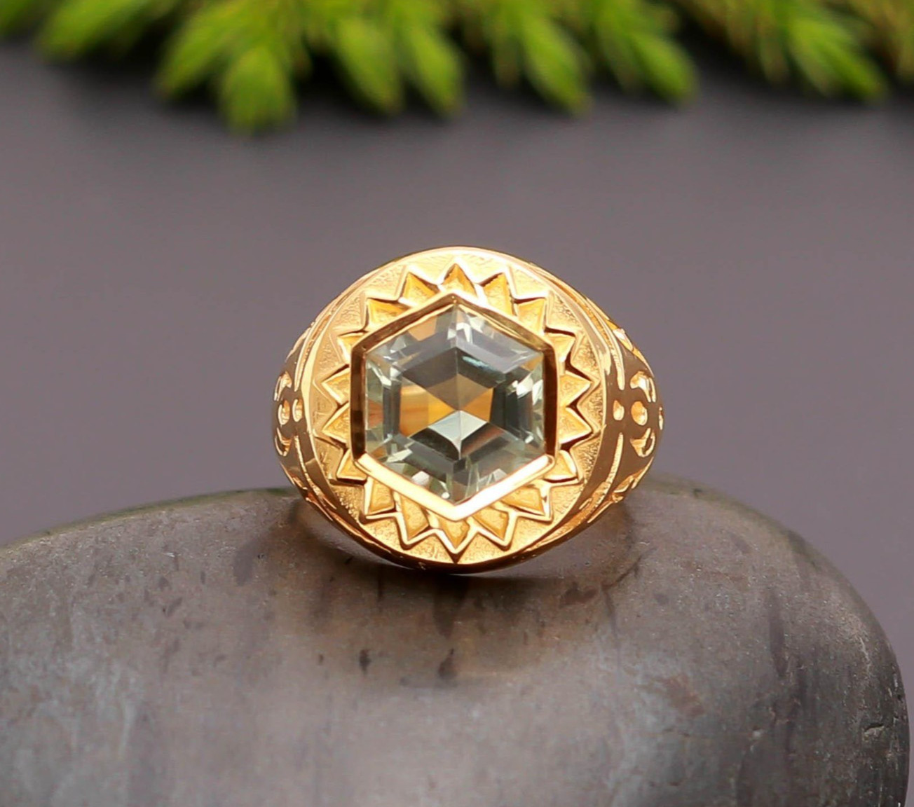 Natural Green Amethyst Hexagon Mens Ring 925 Sterling Silver Gold Filled Jewelry