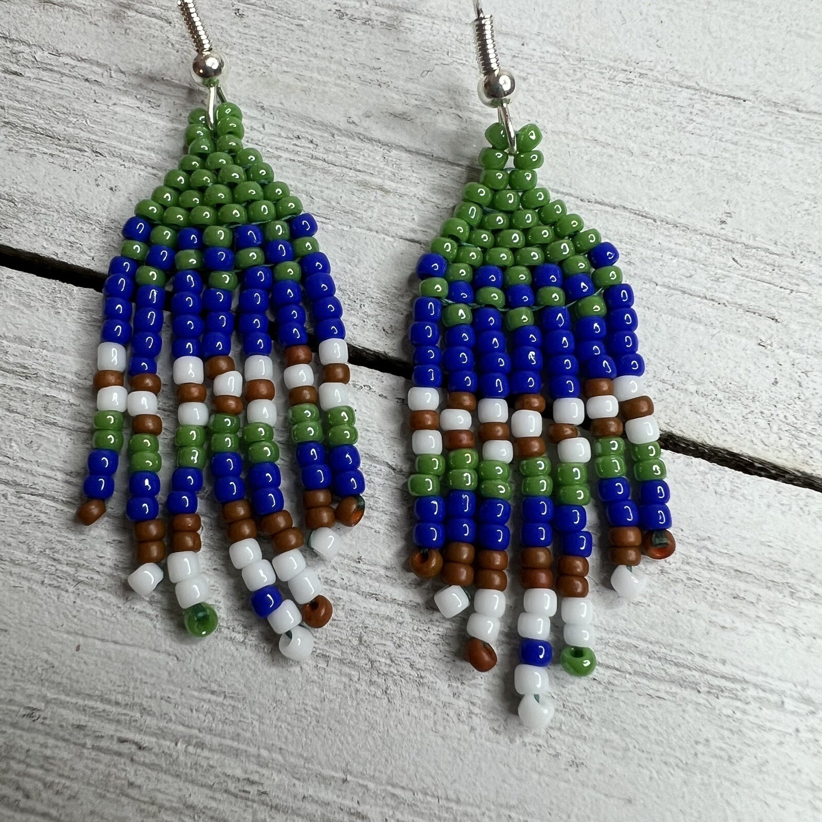Mini Seed Beaded Earrings 2.25 inches Long Handmade Jewelry Blue Green