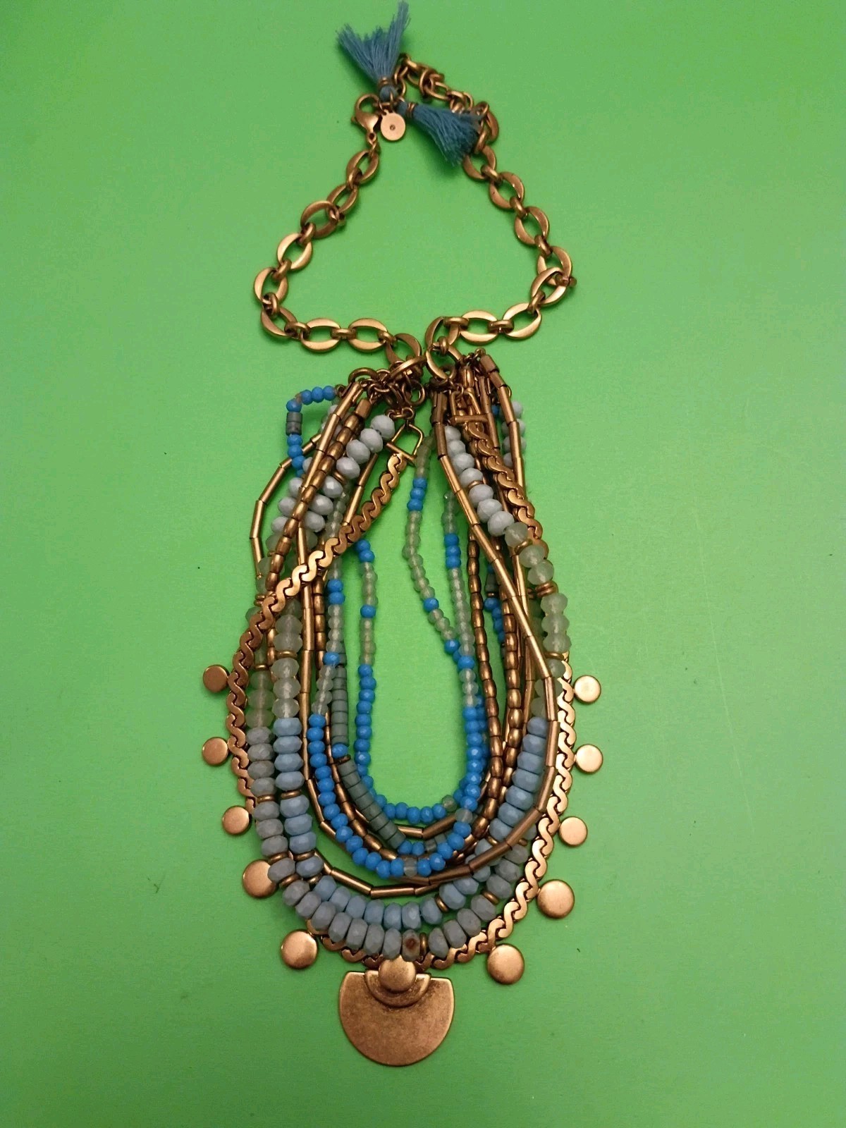 Stella And Dot Multi Strand Necklace Aqua Bead Gold Tone Chains