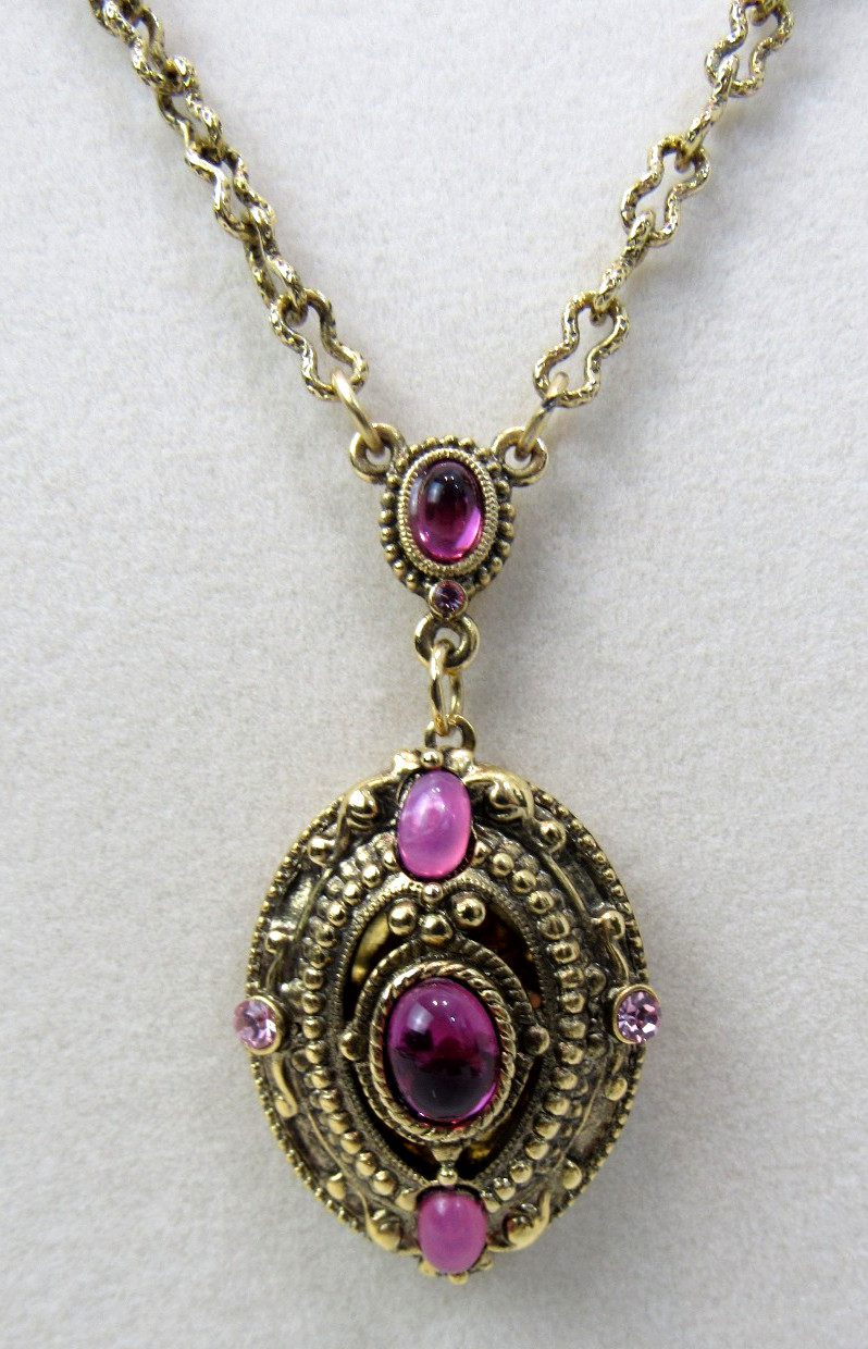 Delicate 1928 Brand Lavalier Locket Pink/Rose Stones on 26″ Long Chain Necklace