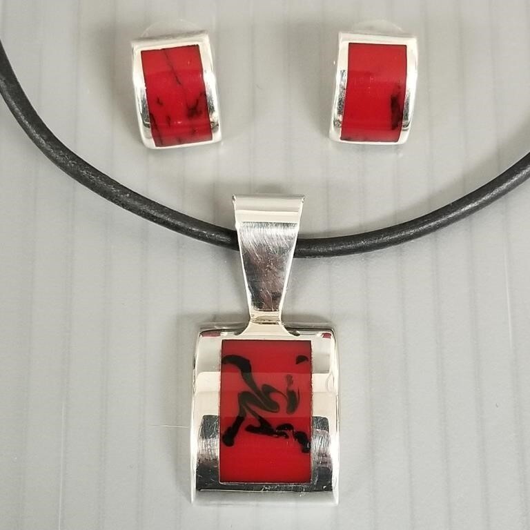 Silpada Sterling Silver Red and Black Pendant And Pierced Earrings Sets Retired