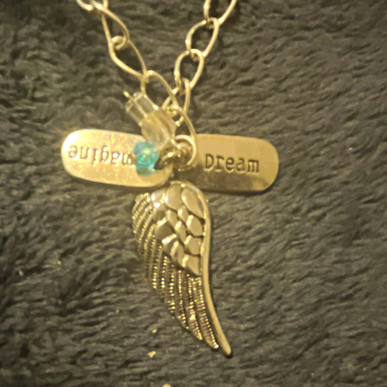 Silver Tone Cable Chain Necklace Angel Wing Charm Pendant “Imagine” “Dream” Tags