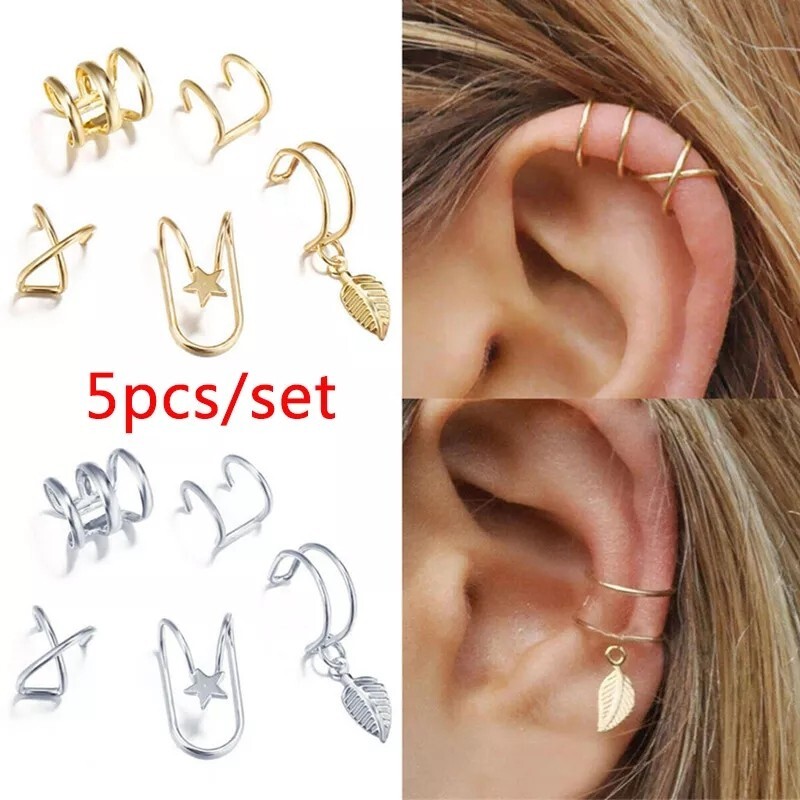 New 5pc Gold Silver Color Metal Ear Cuff Non-Piercing Ear Clips Earrings Jewelry