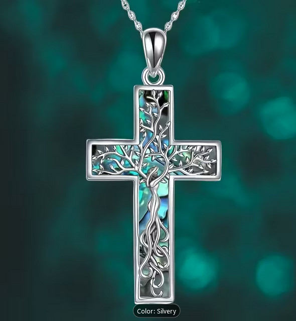 LARGE CROSS TREE of LIFE Pendant on 26″ 925 Plated Sterling Silver Necklace Men