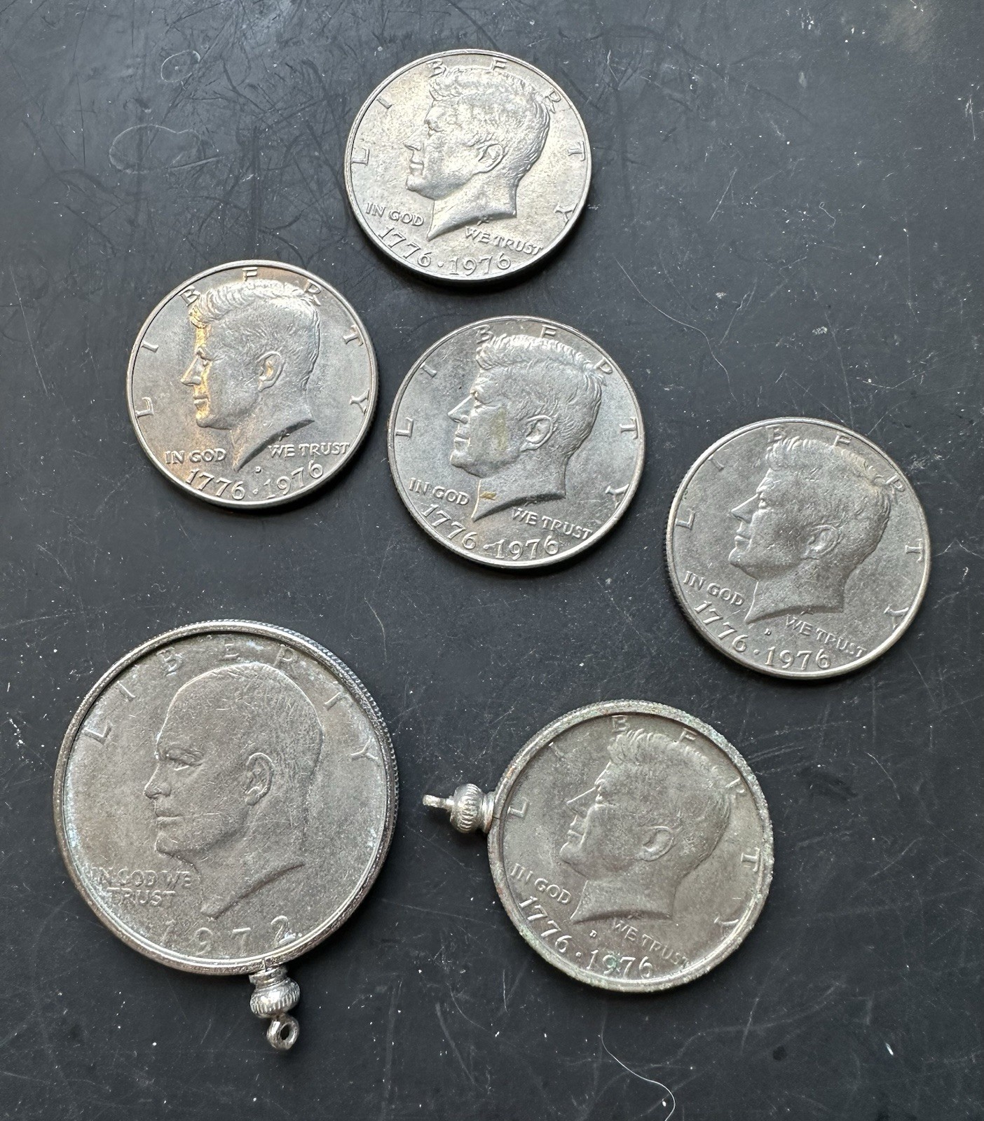 1972 Ike Dollar Pendant & 1976 JFK Half Pendant & 4 Kennedy Bicentennial Coins
