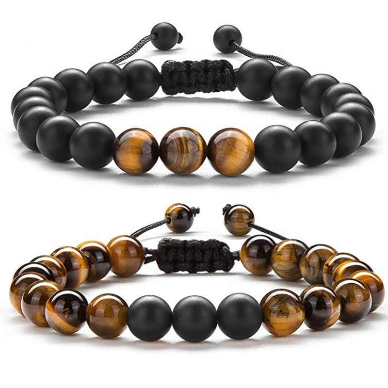 Beaded Bracelets Set Natural Stone 8mm Tiger Eye Birthday Gifts Jewelry 2pcs