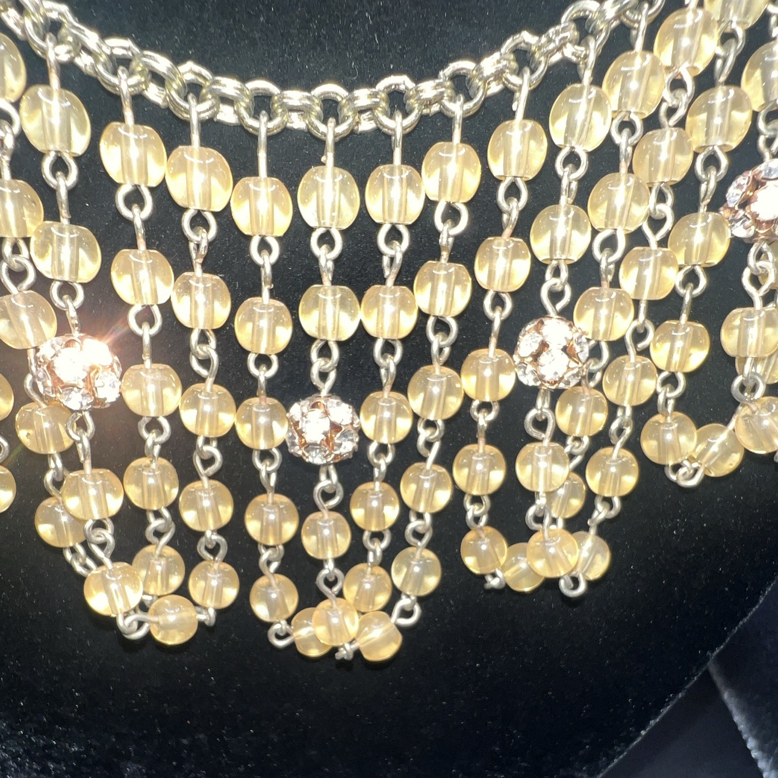 J Crew Gold Tone Bib Statement Necklace Amber Round Glass Beads Crystal Accents