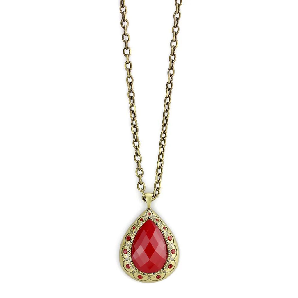 Women’s Antique Copper Chain Pendant Red Synthetic Stone 16+3 Inch Adjustable –