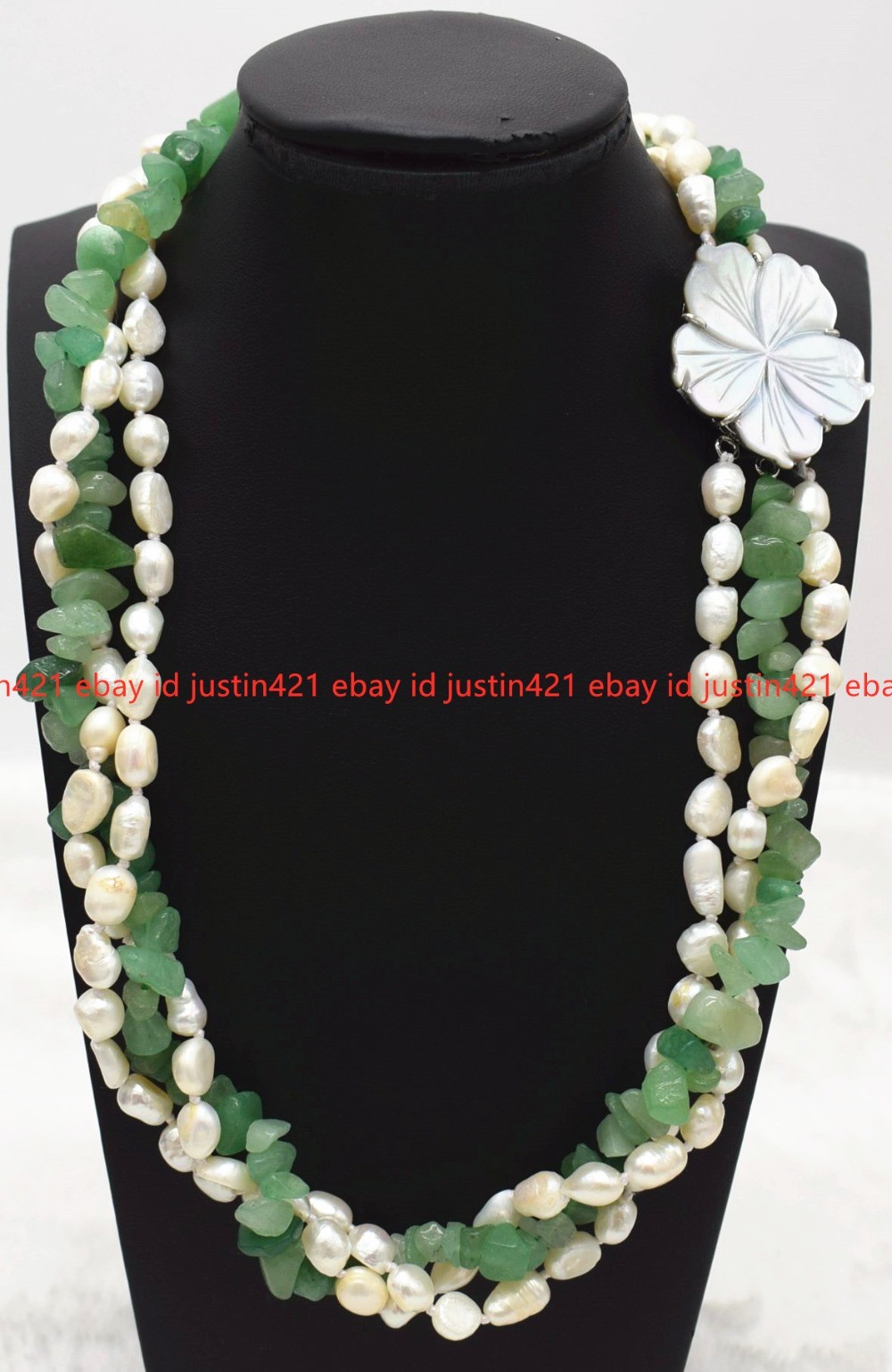 New Natural Three Rows 7-8mm White Baroque Green Gravel Necklace 18-24 Inches