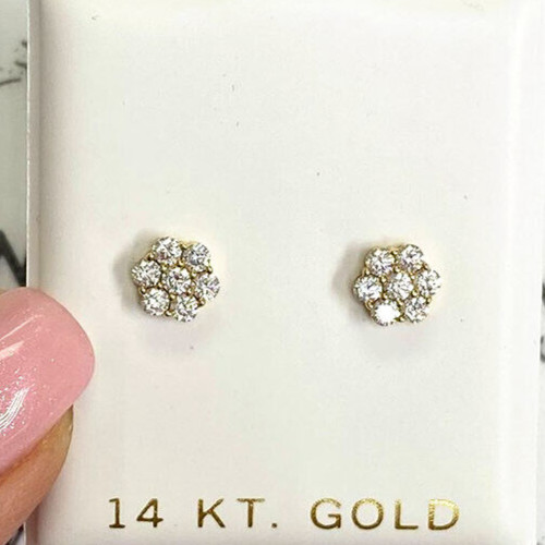 14K Yellow Gold 0.80Ct Round Simulated Diamond Flower Cluster Stud Earrings