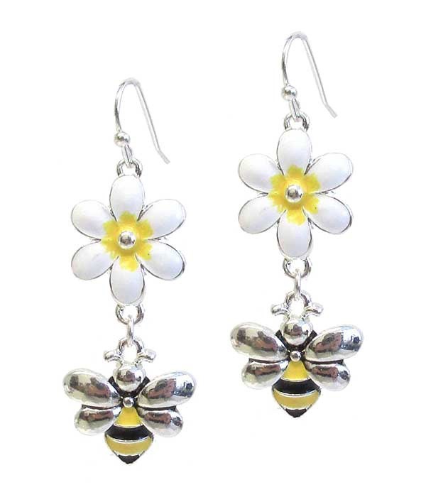 Honey Bumble Bee Enamel Flower Earrings New