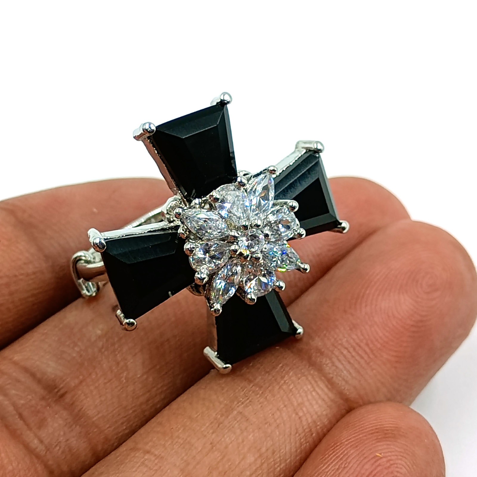 Black Stone CZ Cross Ring White Plated Adjustable Band Gothic Statement Jewelry