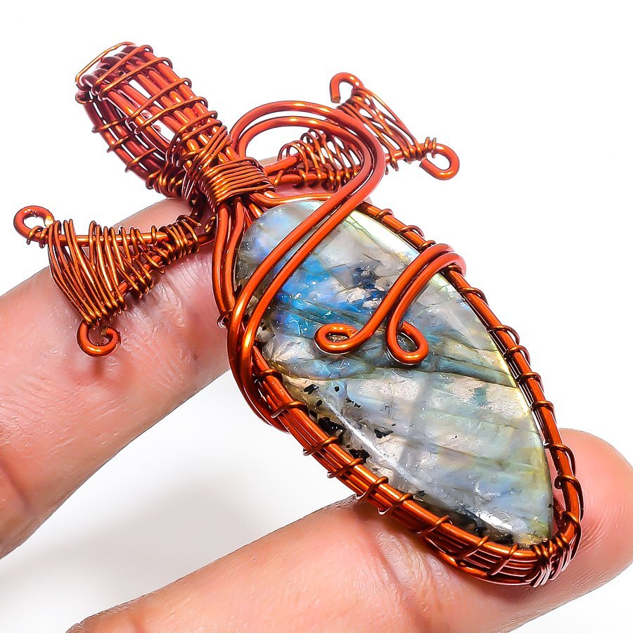 Blue Fire Labradorite Gemstone Copper Pendant Handmade Wire Wrap Jewelry 2.5″ Y9