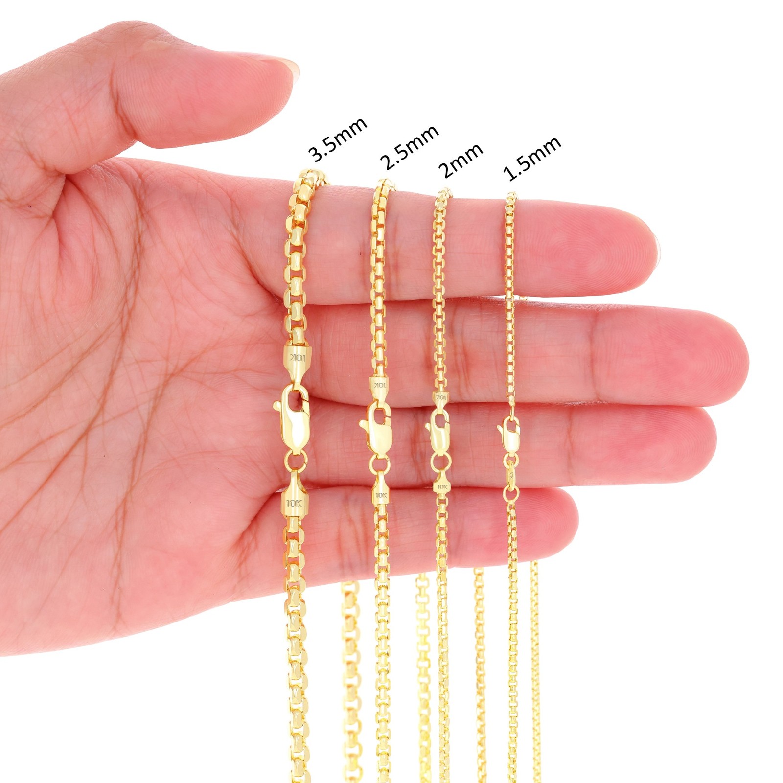 10K Yellow Gold 1.5mm-3.5mm Venetian Round Box Chain Necklace Men Women 16″- 30″
