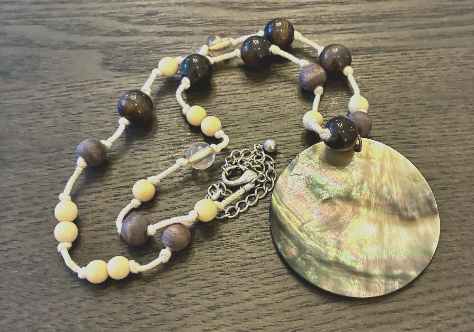 Abalone Shell Pendant Necklace Tiger’s Eye & Wood Brown/Beige Beads 17” Cord YS