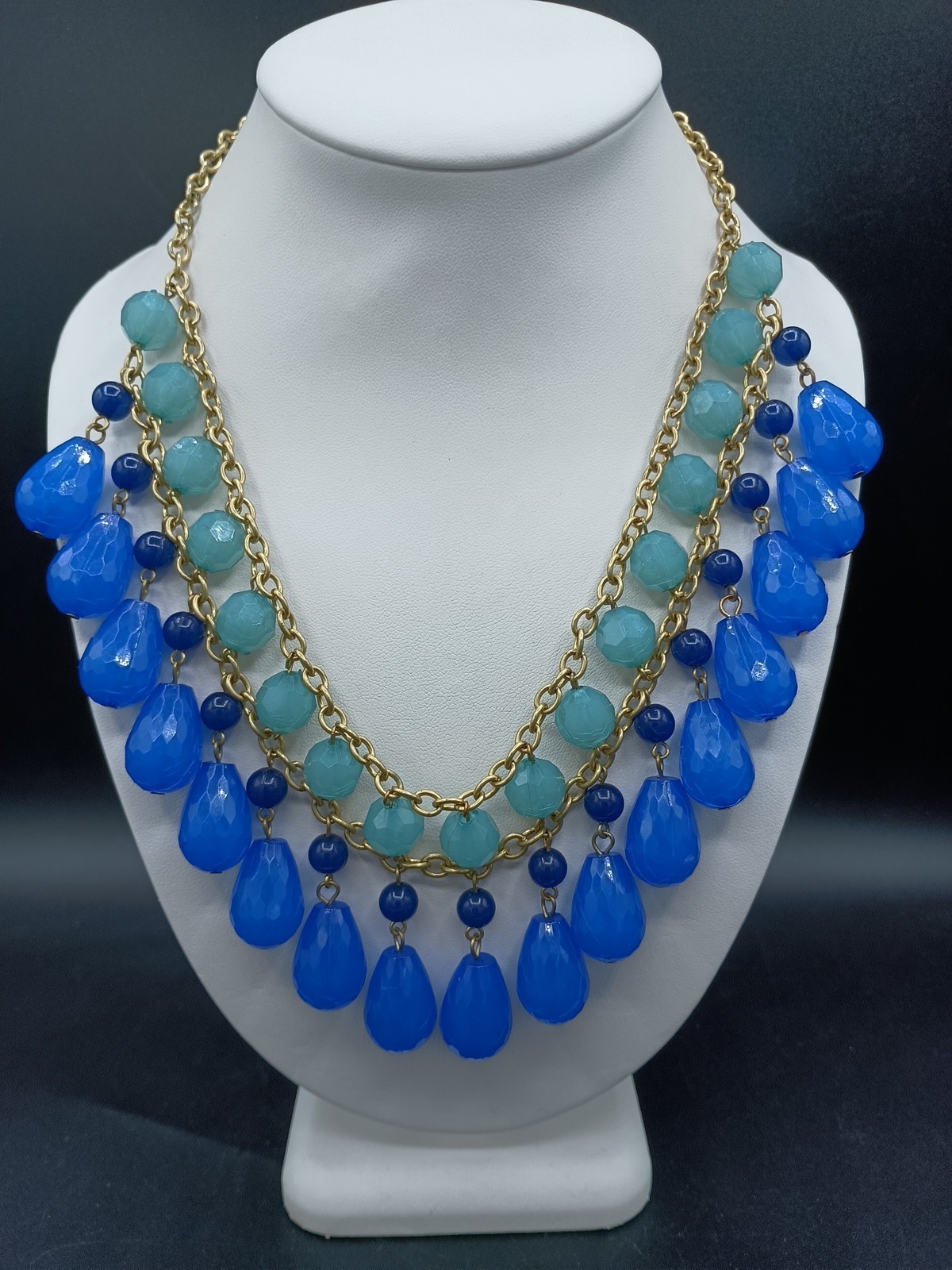 Blue Beaded Bib Necklace Faceted Dangle Gold Tone Chain 18″ Adjustable