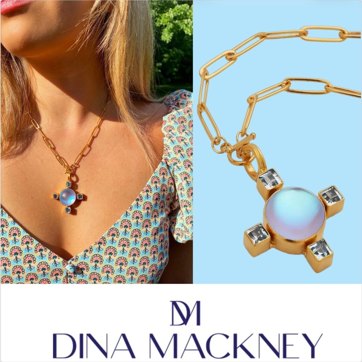 Dina Mackney Necklace Pendant 18K Gold Jewelry Luminite Blue Topaz Jewelry Gift