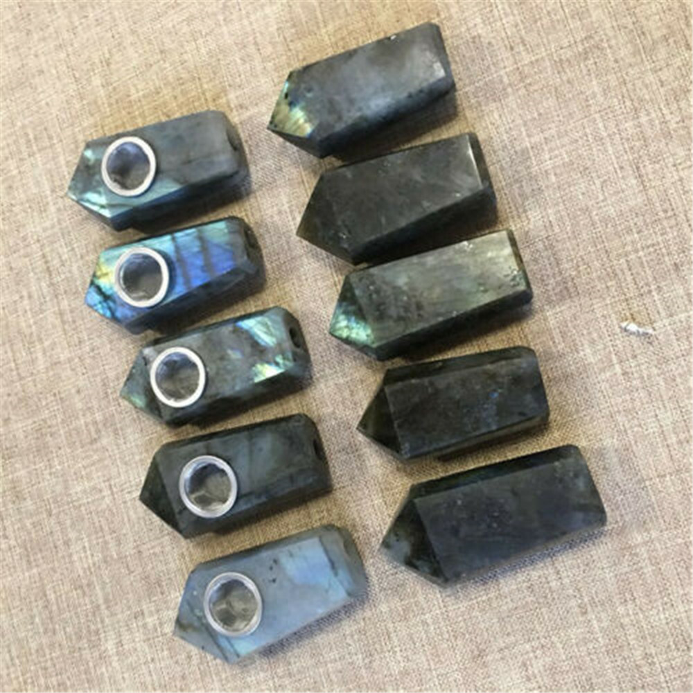 Natural Labradorite Rough Quartz Crystal Point Smoking Pipe Healing Stone Wand