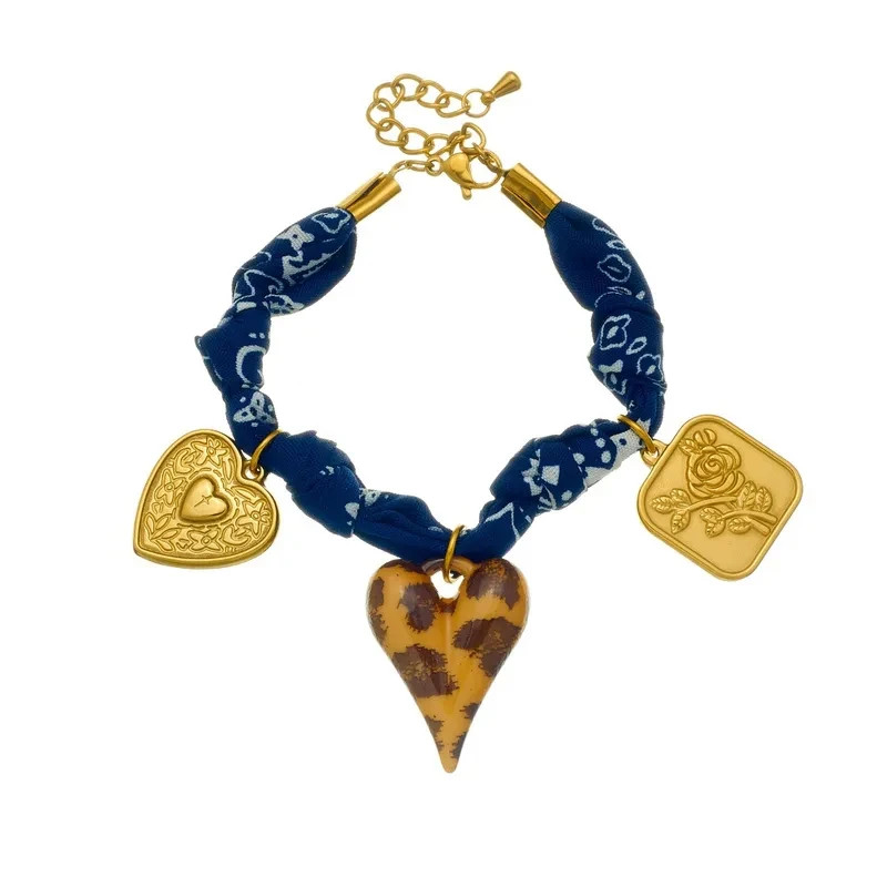 Charm Anklet Bracelet Twisted Braided Blue Scarf Bandana Gold Plated Charms