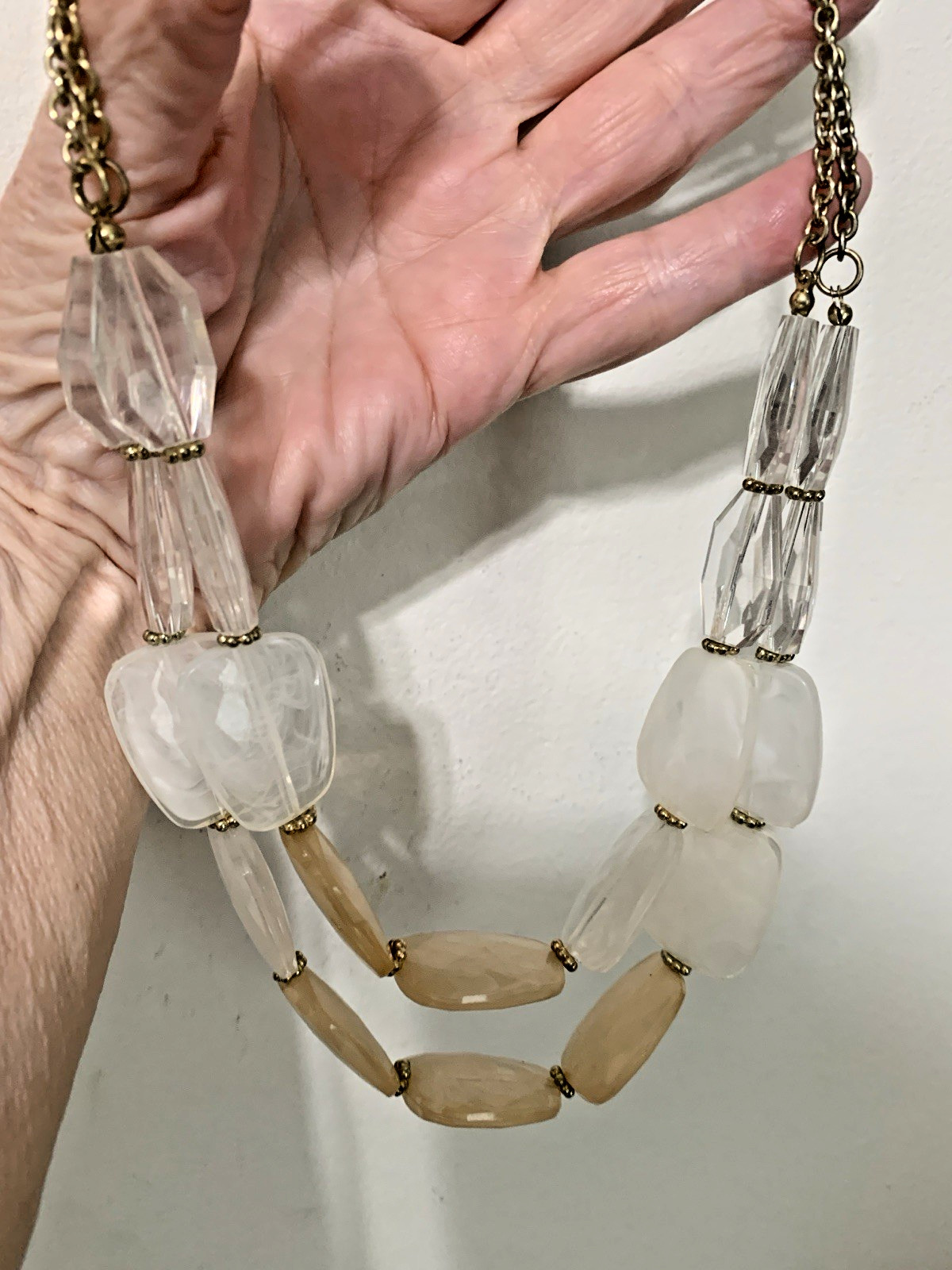 Multi-Strand White & Clear Oval Glass Beaded Statement Necklace Lobster Clasp