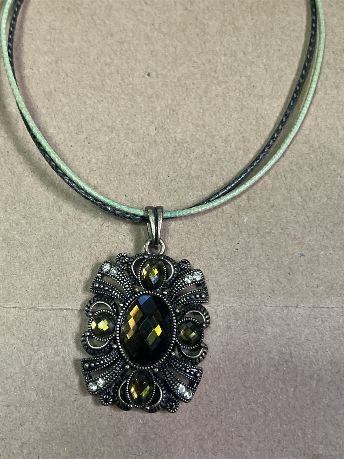 Lia Sophia Lotus Victorian Style Necklace Gold Tone Green Rhinestone Pendant