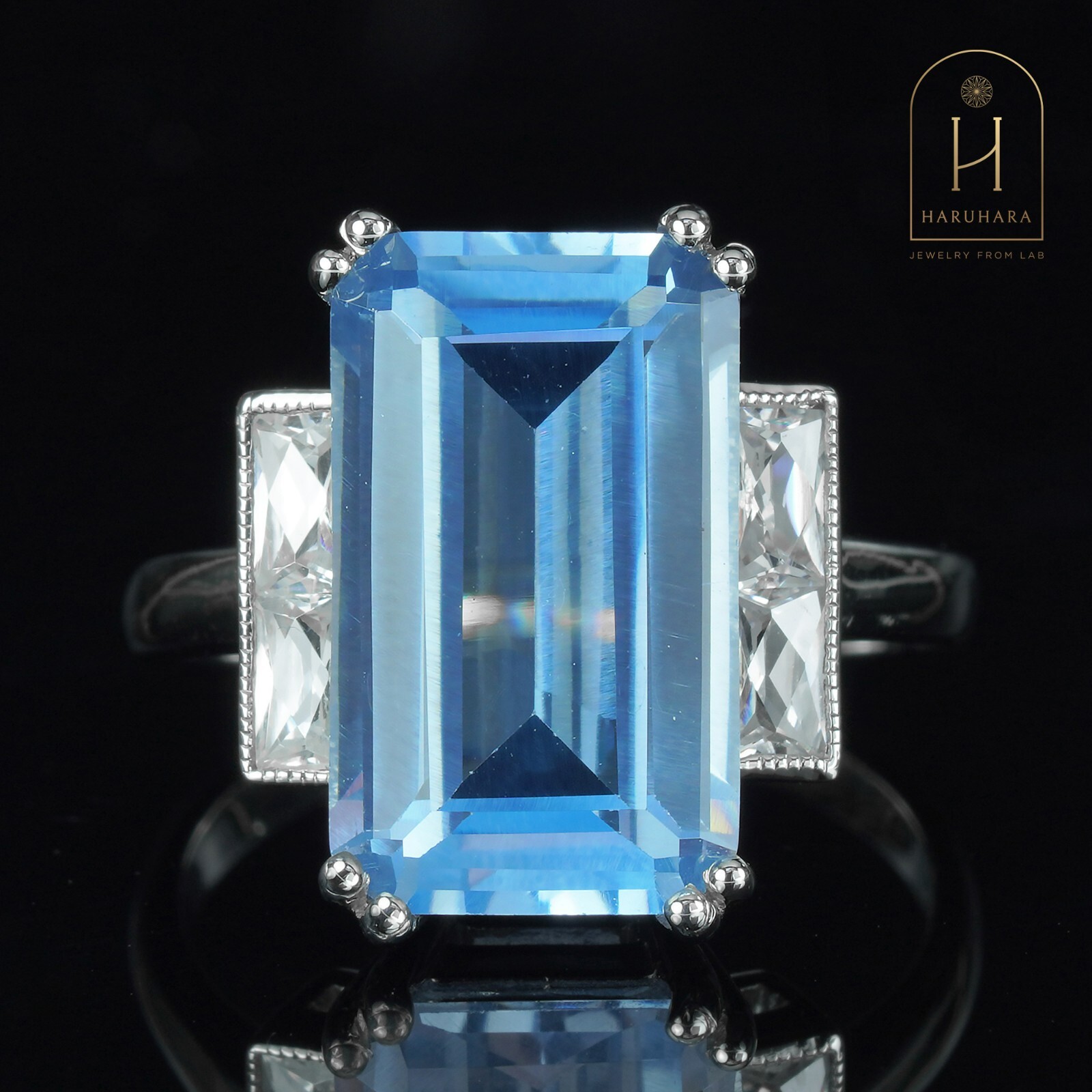 Lab Created 7.4 Ct. Emerald Cut Aquamarine and Diamond Antique Ring in Silver925