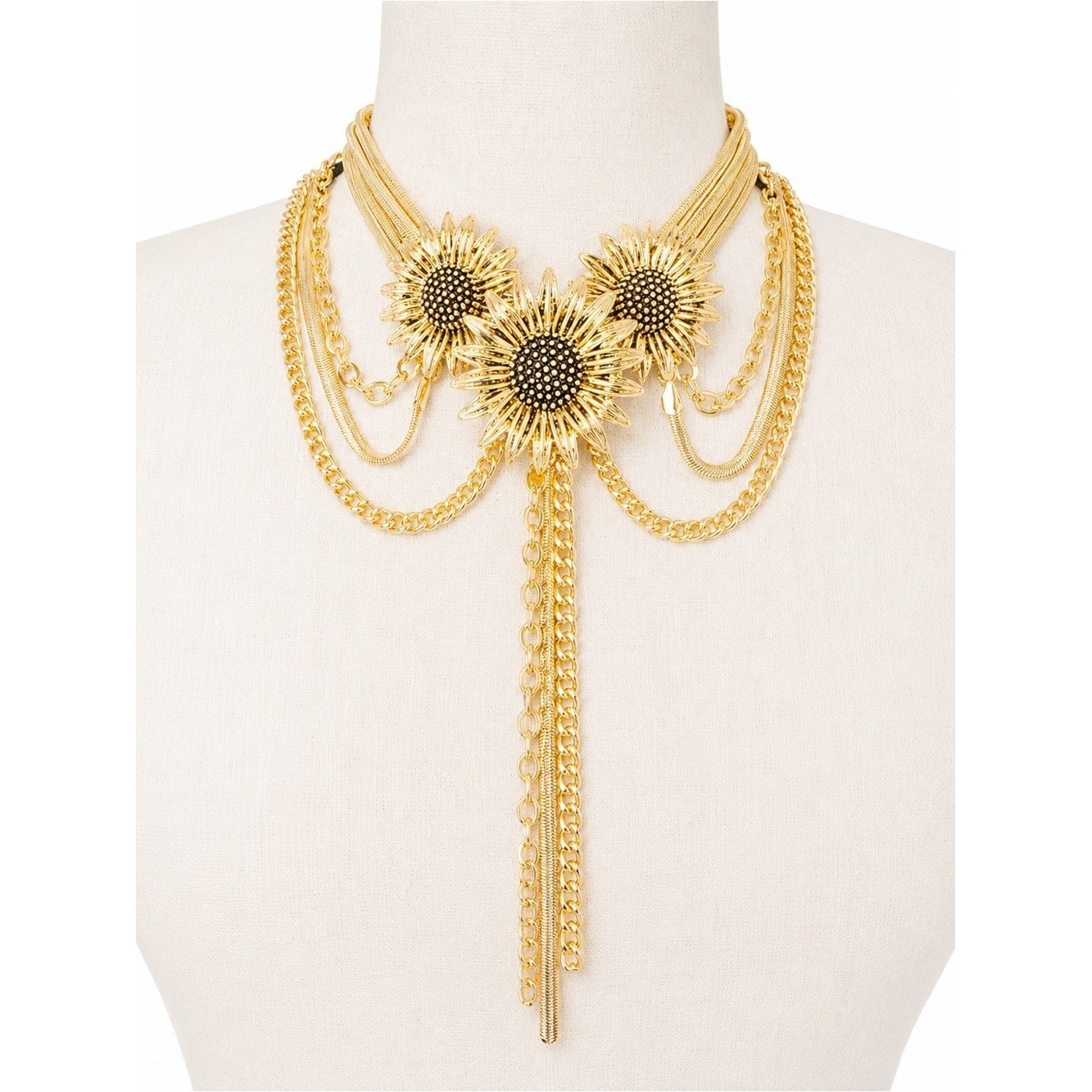 Heavyweight Sunflower Statement Necklace Gold Tone Multi-Strand Tassel Choker