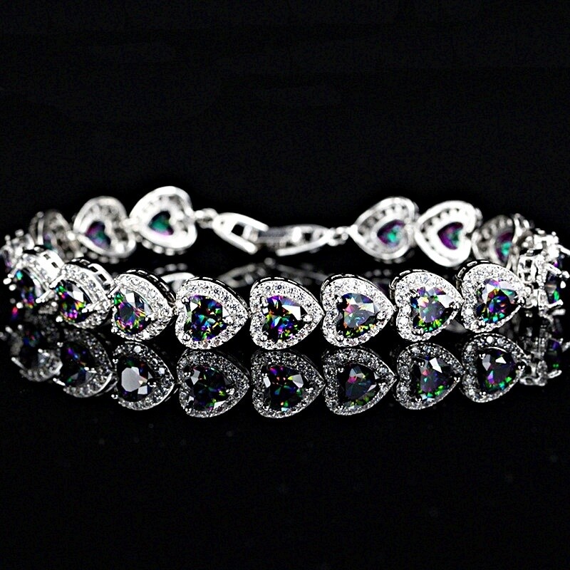 18K White Gold GF Created Mystic Crystal Stunning Rainbow Heart Tennis Bracelet