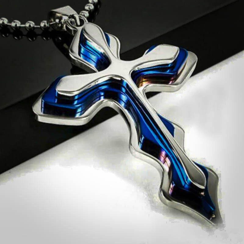 Cross Pendant Necklace Blue Stainless Steel Alloy Unisex Jesus Crucifix Chain