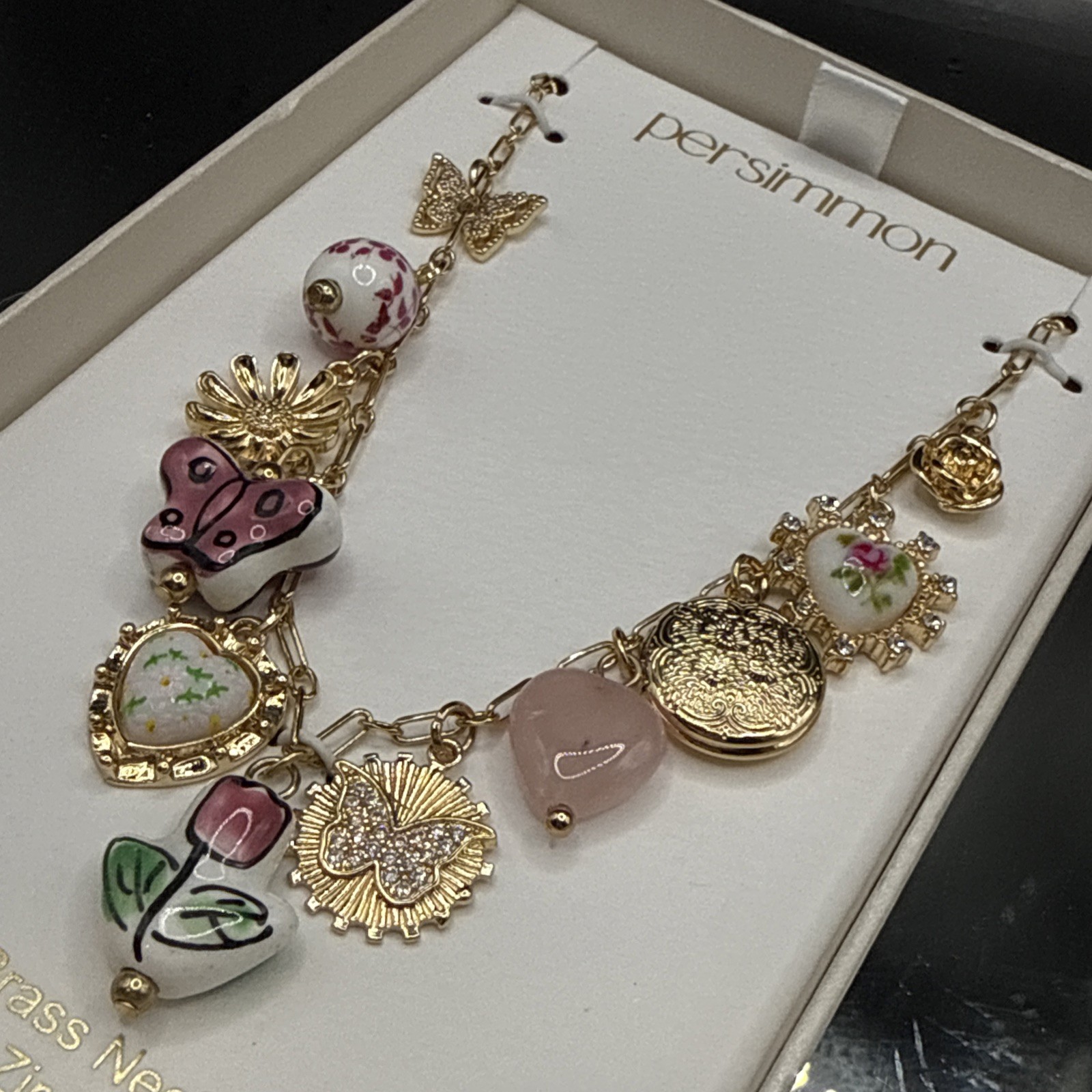 Persimmon Botanical Charms Necklace – Gold-Tone Brass & Cubic Zirconia 16″ + 3″