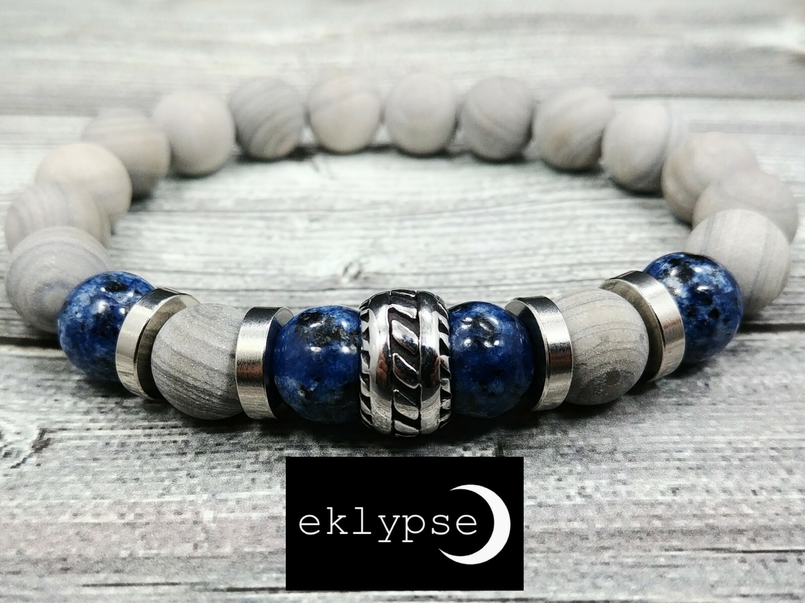 8″L Stainless Steel 10mm Gray Wood Stripe Jasper Gemstone Beaded Men’s Bracelet