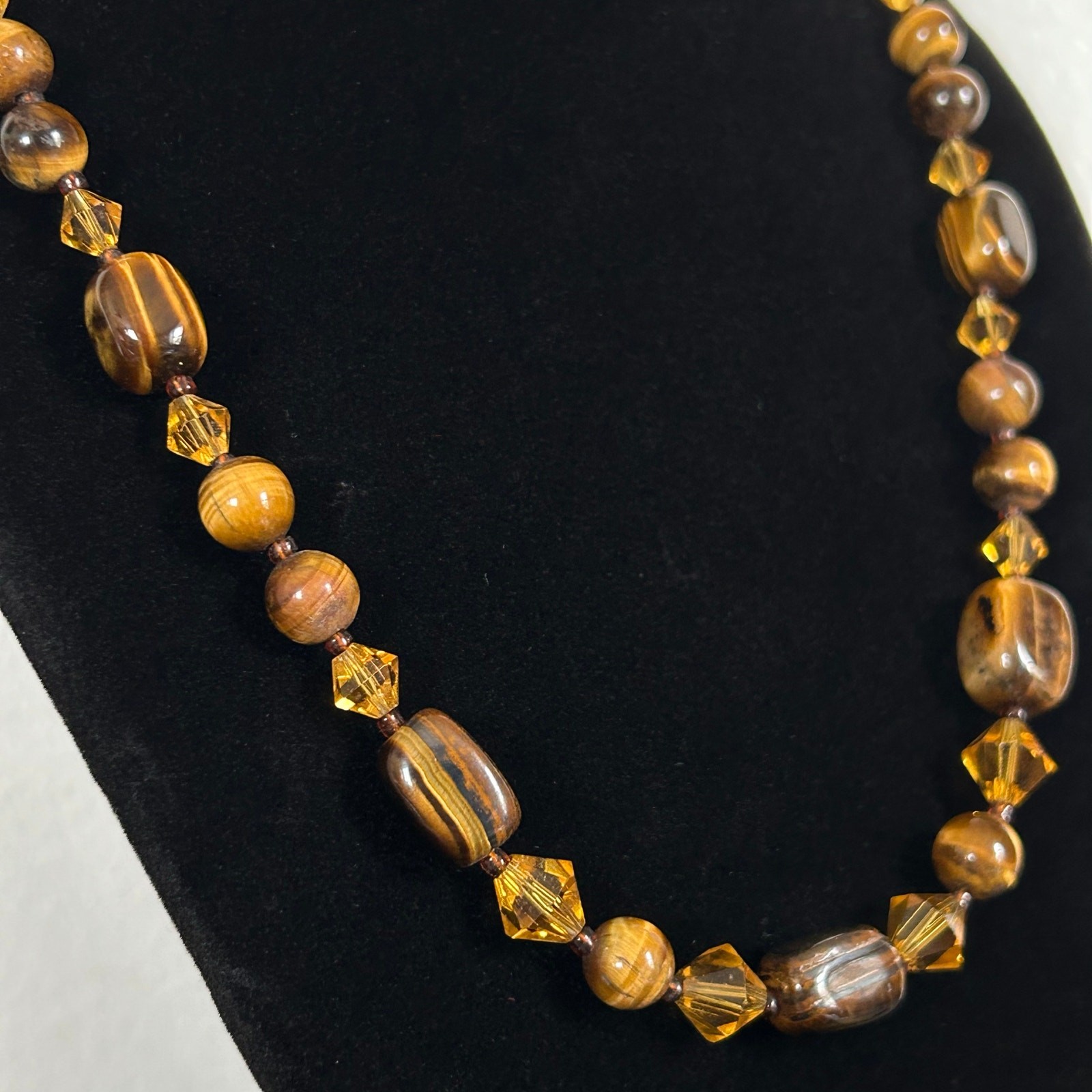 Handmade Tigers Eye + Orange Glass Necklace 18.5in w/ 2in Heart Extender
